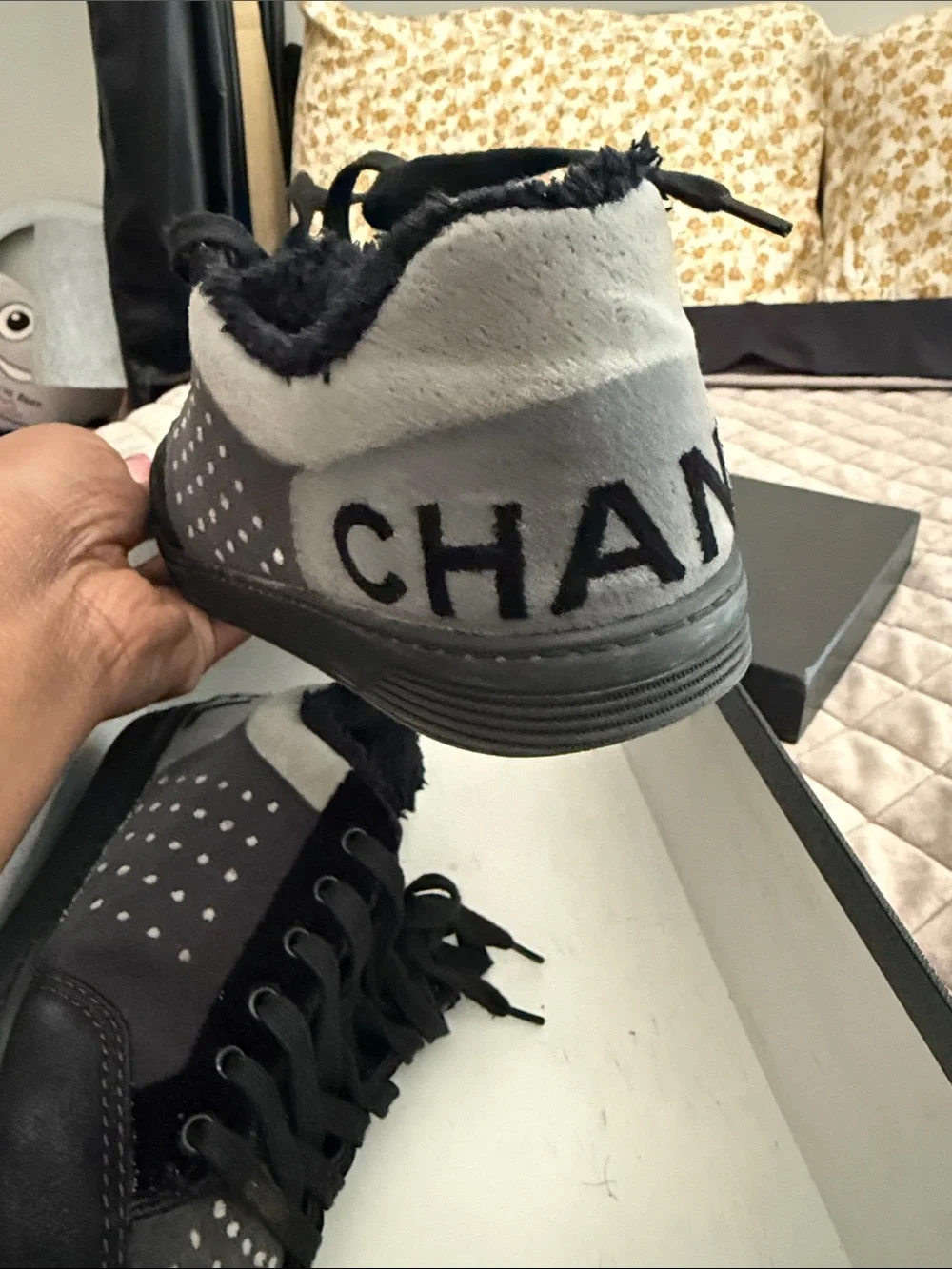 CHANEL Black and Gray Suede-Accent Kids Sneakers